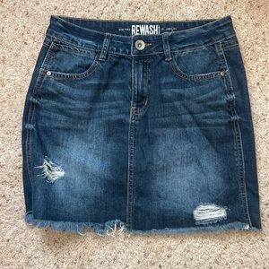 short blue Jean skirt with distress